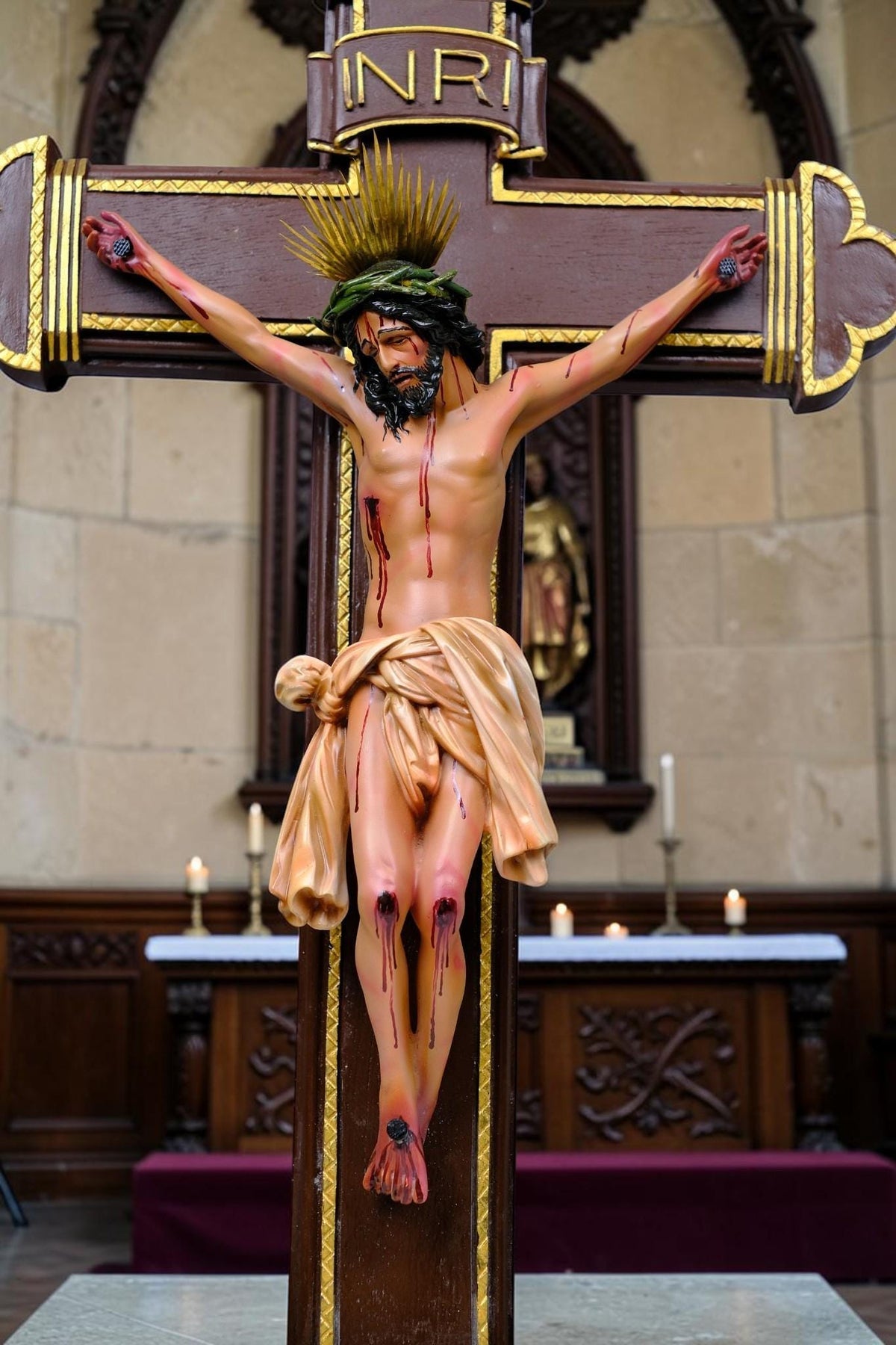 Crucified Jesus Statue 55cm Antique Catholic Crucifix with Brass Halo
