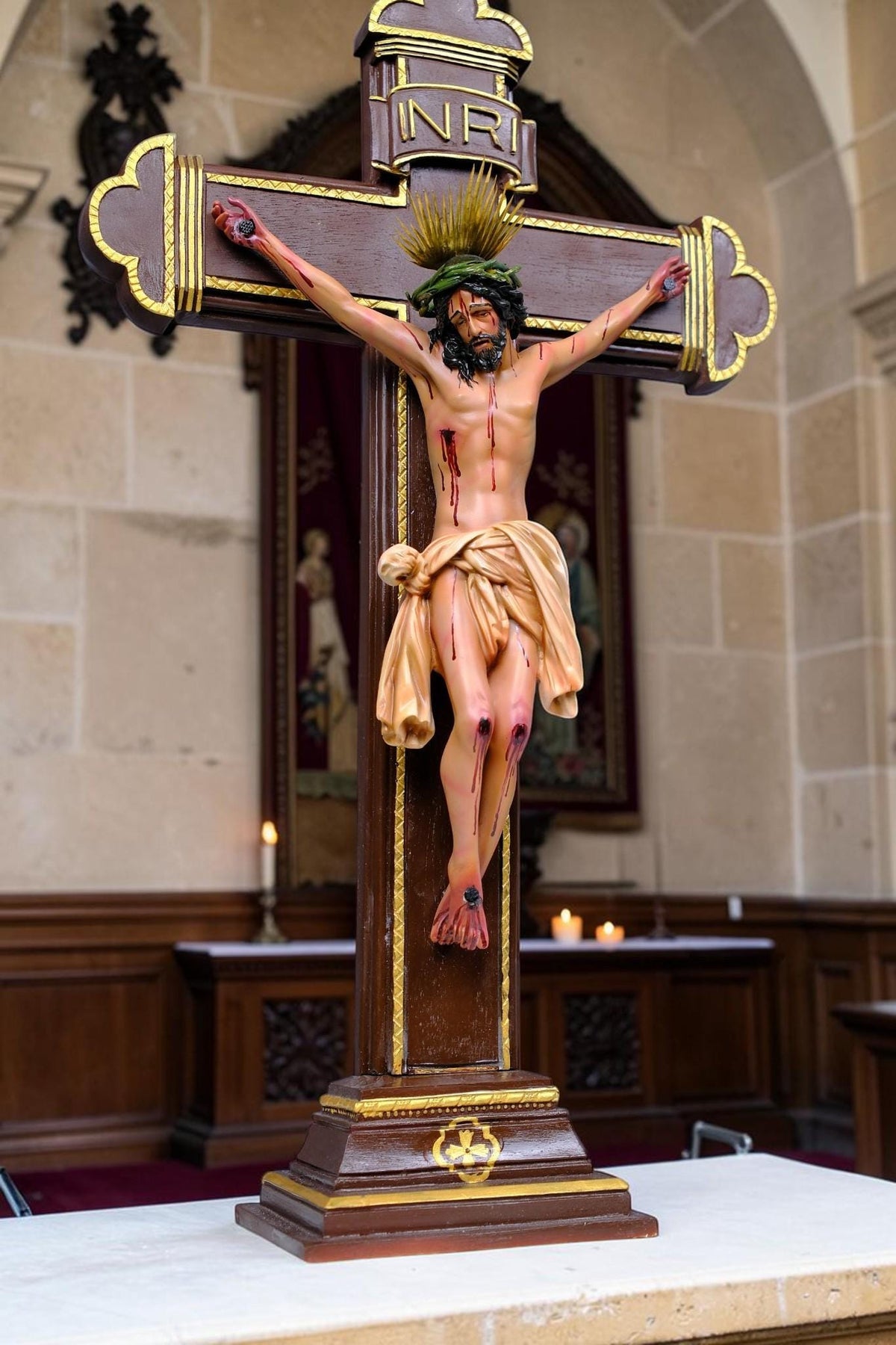 Crucified Jesus Statue 55cm Antique Catholic Crucifix with Brass Halo