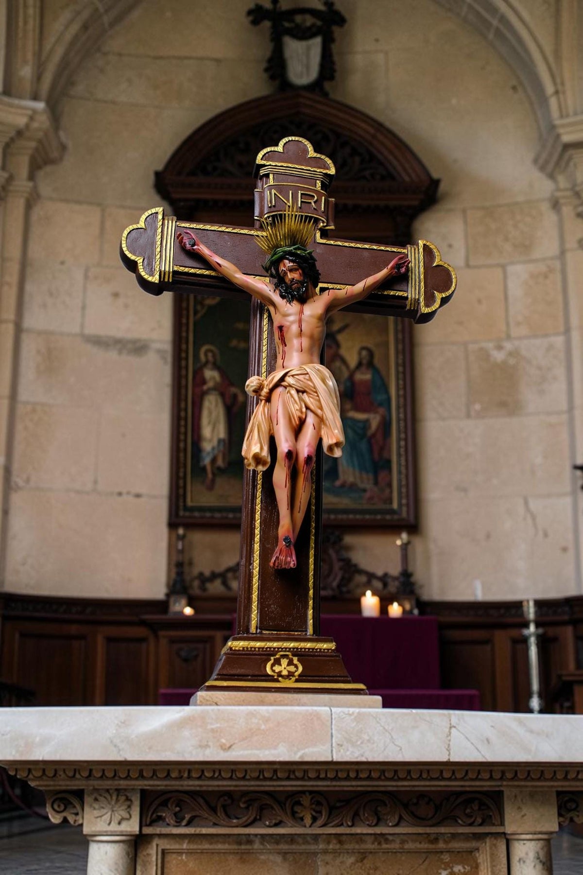 Crucified Jesus Statue 55cm Antique Catholic Crucifix with Brass Halo