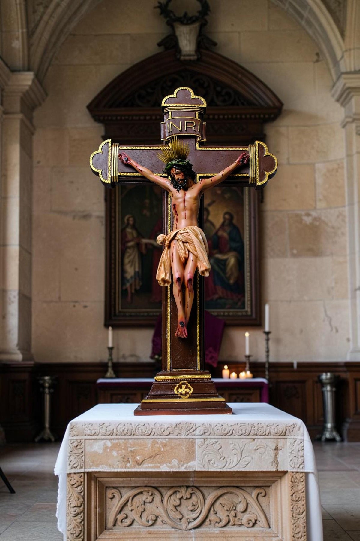 Crucified Jesus Statue 55cm Antique Catholic Crucifix with Brass Halo