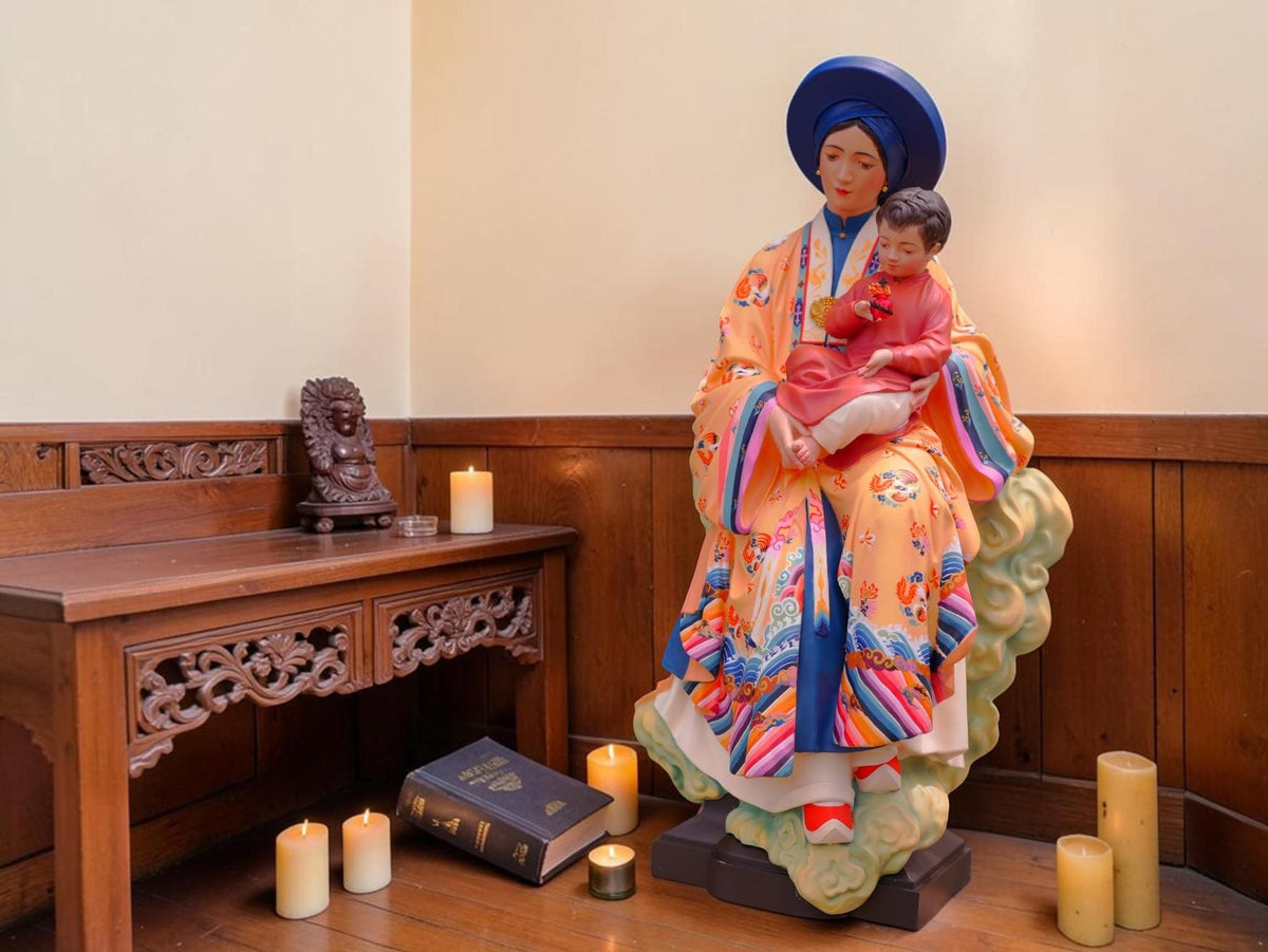 Handcrafted Vietnamese Virgin Mary Statue, Nguyen Dynasty Nhat Binh Robe, Catholic Art (60cm)