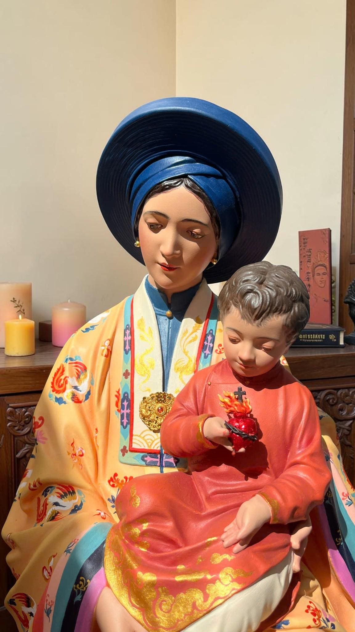 Handcrafted Vietnamese Virgin Mary Statue, Nguyen Dynasty Nhat Binh Robe, Catholic Art (60cm)