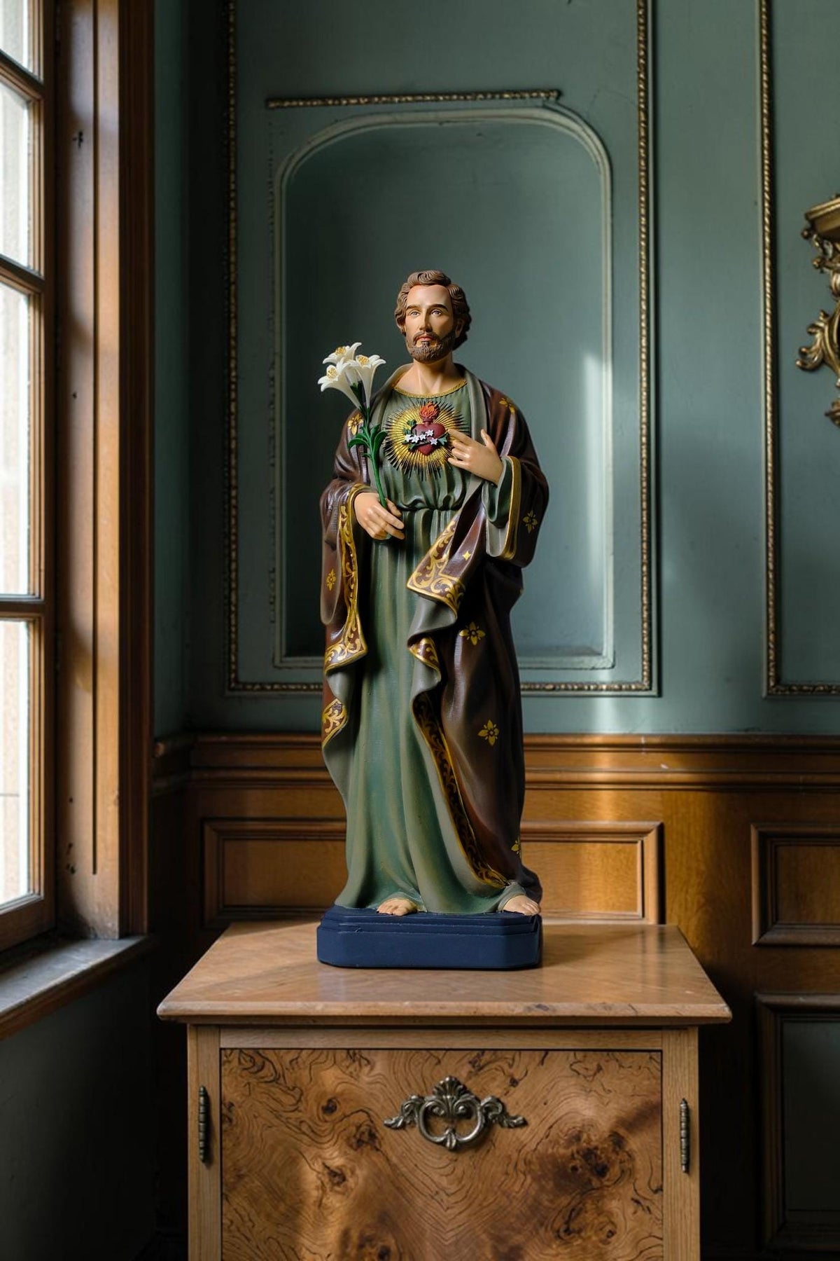 Saint Joseph 40cm Green Catholic Statue with Hand Painted Floral Patterns