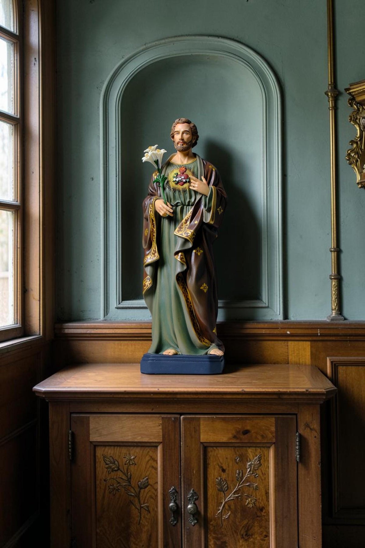Saint Joseph 40cm Green Catholic Statue with Hand Painted Floral Patterns
