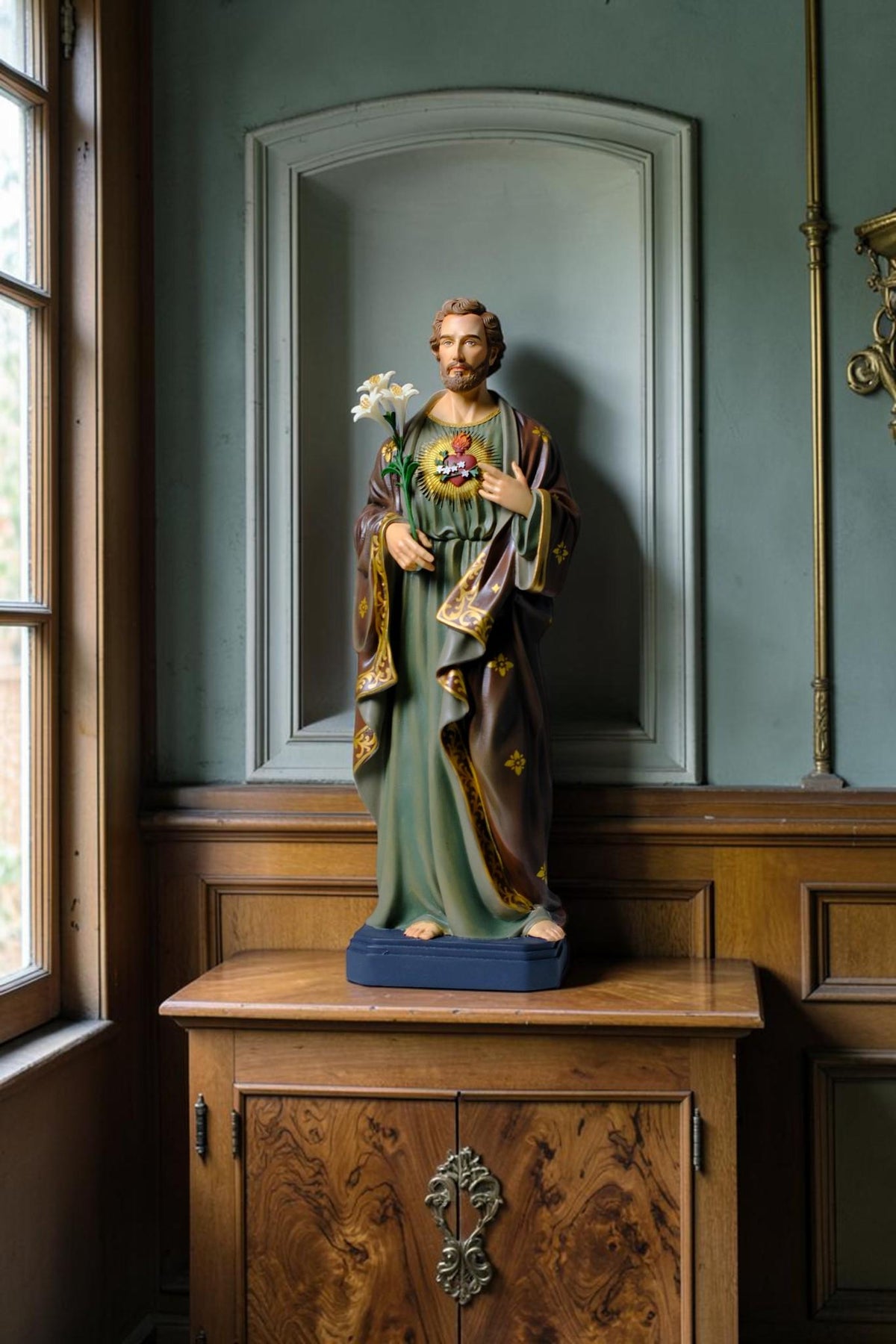 Saint Joseph 40cm Green Catholic Statue with Hand Painted Floral Patterns