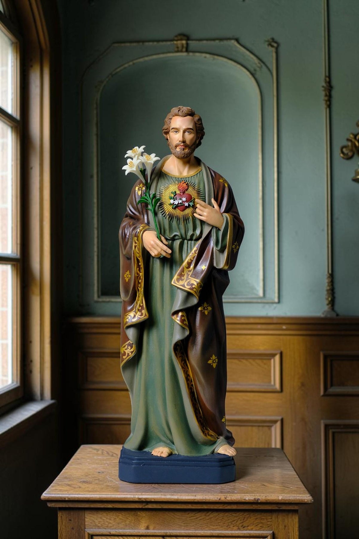 Saint Joseph 40cm Green Catholic Statue with Hand Painted Floral Patterns
