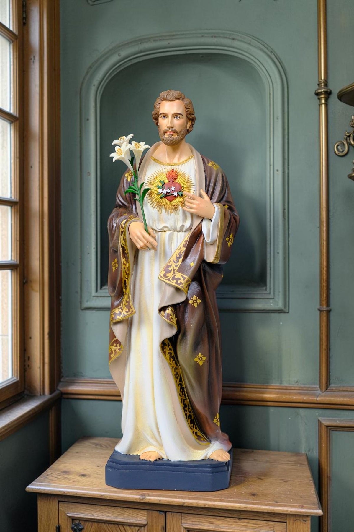 Saint Joseph 40cm Green Catholic Statue with Hand Painted Floral Patterns