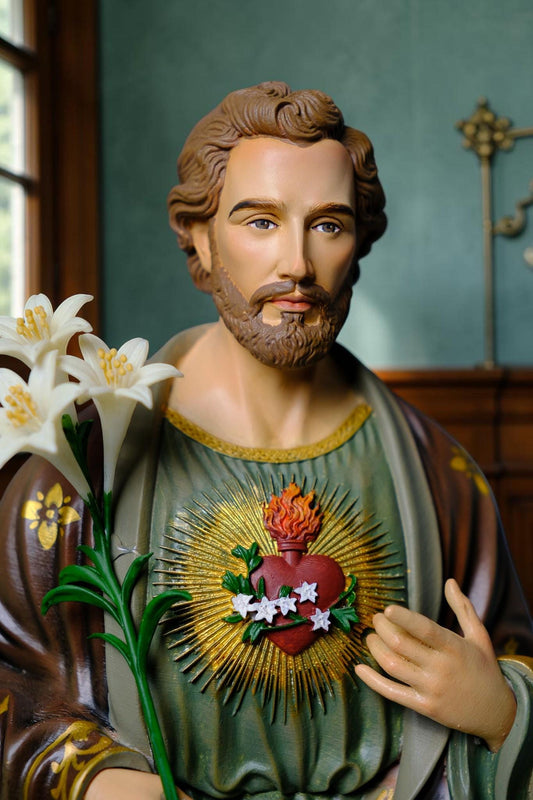 Saint Joseph 40cm Green Catholic Statue with Hand Painted Floral Patterns