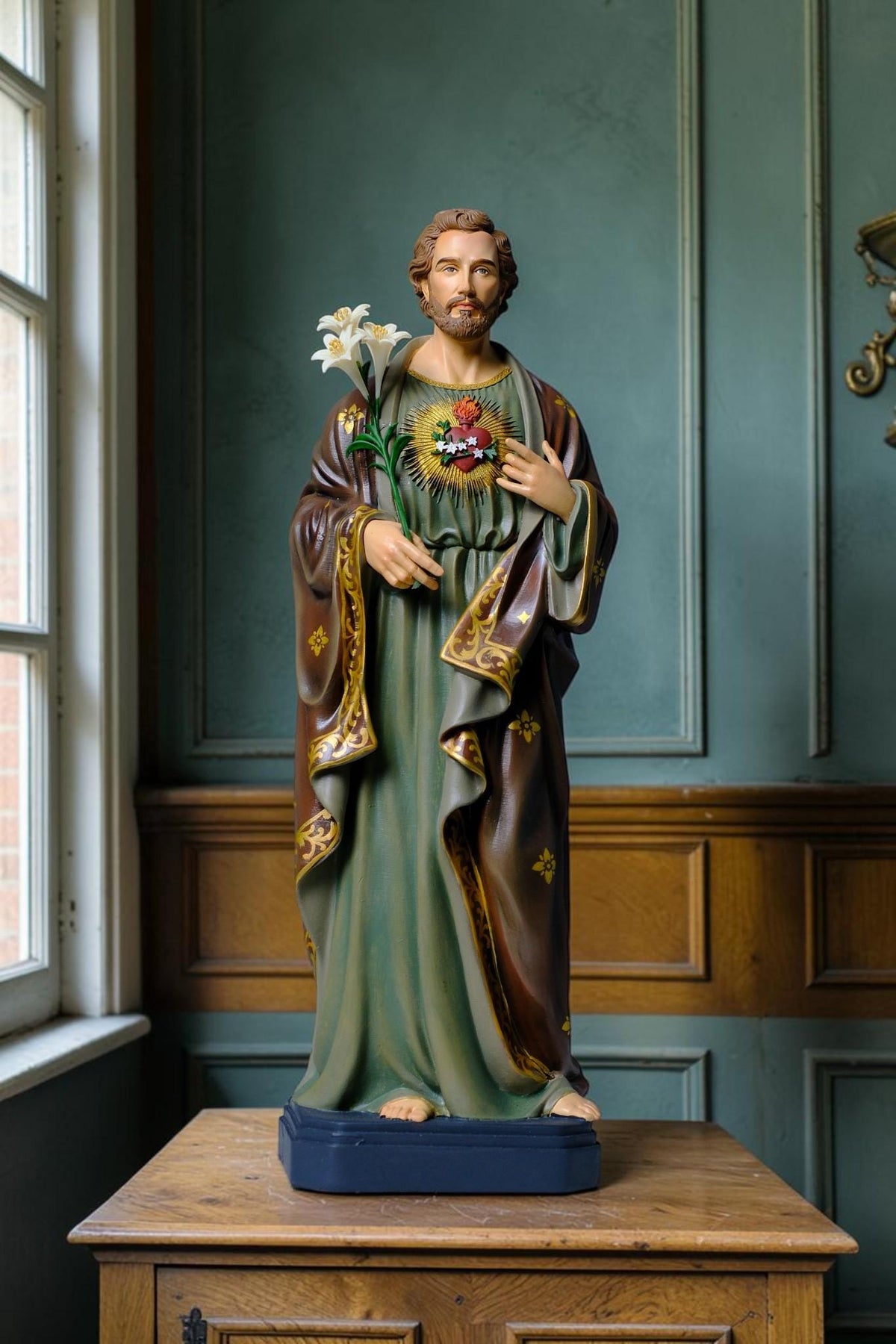 Saint Joseph 40cm Green Catholic Statue with Hand Painted Floral Patterns