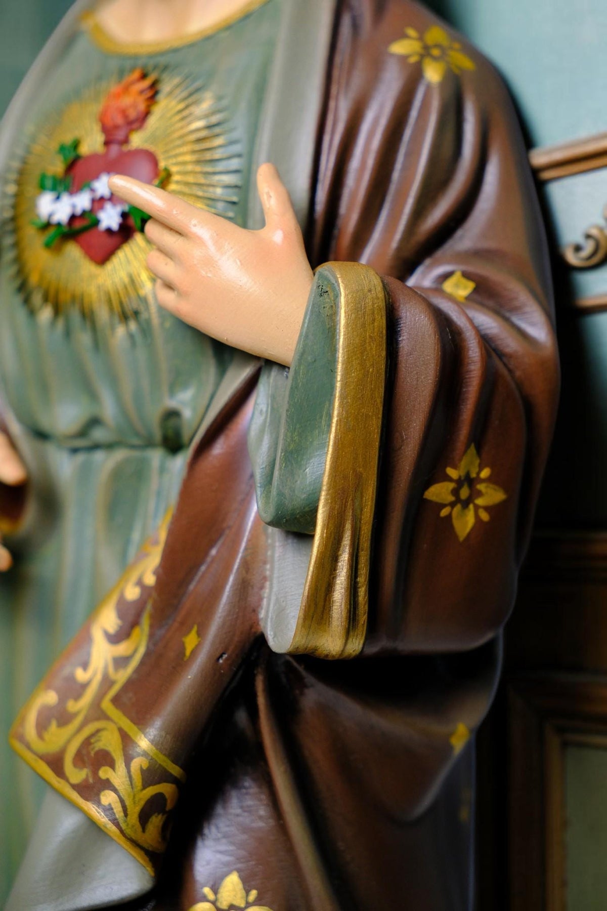 Saint Joseph 40cm Green Catholic Statue with Hand Painted Floral Patterns