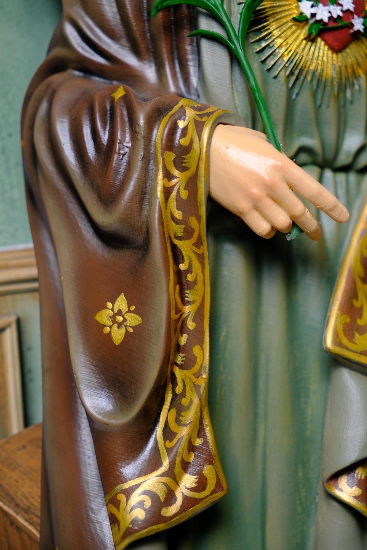 Saint Joseph 40cm Green Catholic Statue with Hand Painted Floral Patterns