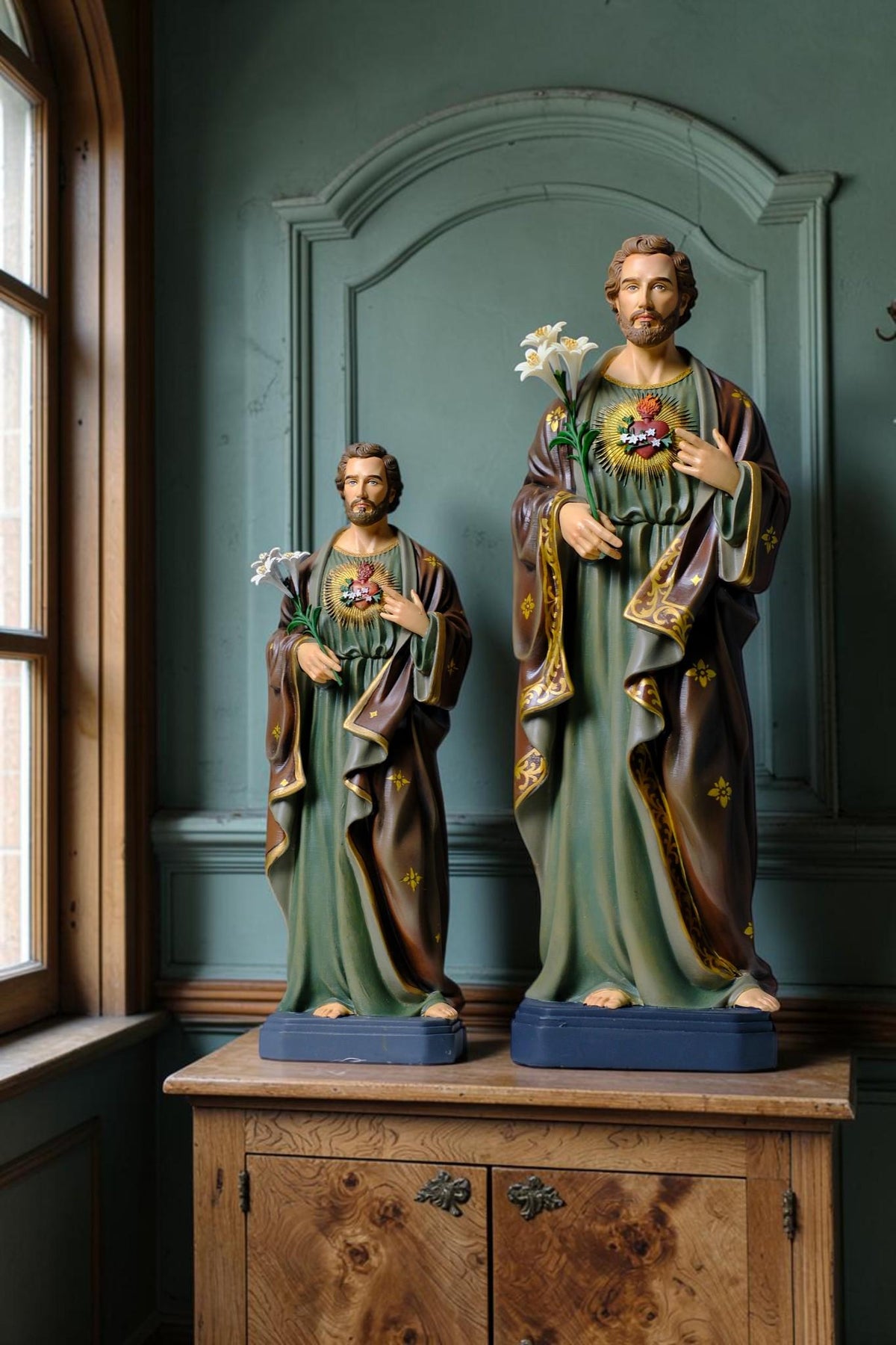 Saint Joseph 40cm Green Catholic Statue with Hand Painted Floral Patterns