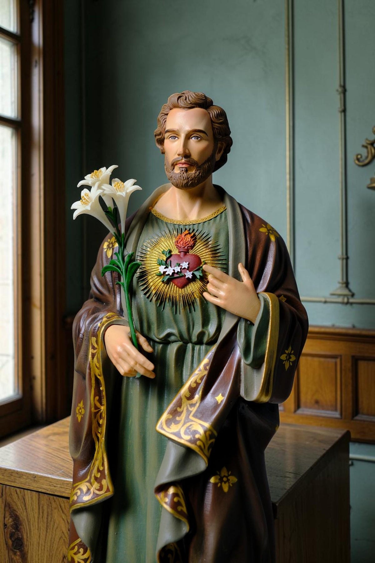 Saint Joseph 40cm Green Catholic Statue with Hand Painted Floral Patterns