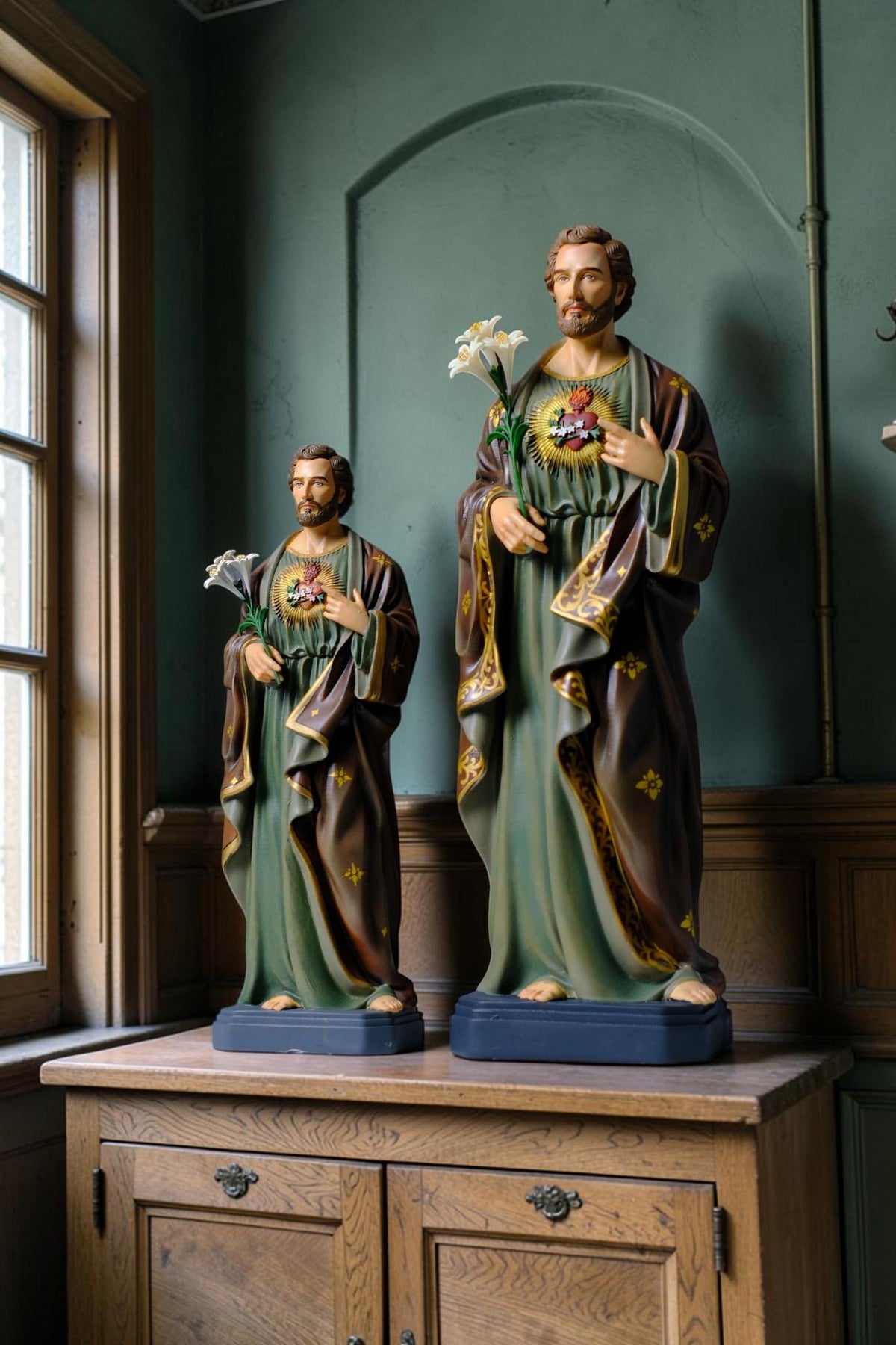 Saint Joseph 40cm Green Catholic Statue with Hand Painted Floral Patterns