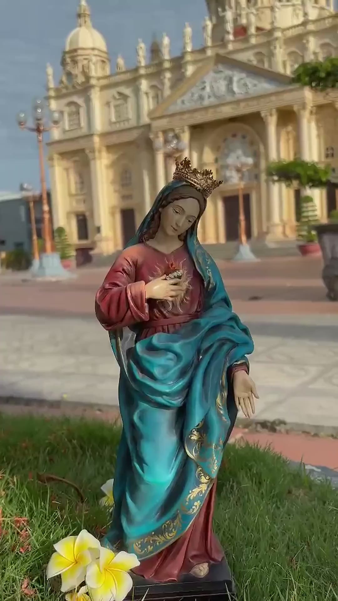 Handmade Immaculate Heart of Mary Statue, 40cm Catholic Virgin Mary Figurine, Antique Brass Crown