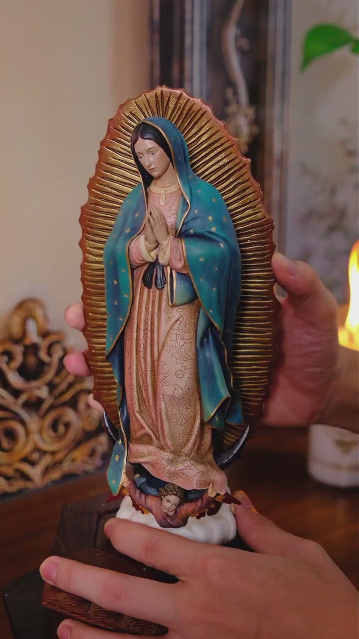 Hand-Painted Our Lady of Guadalupe Statue, Antique Finish Catholic Figurine, Stone Resin Altar Decor