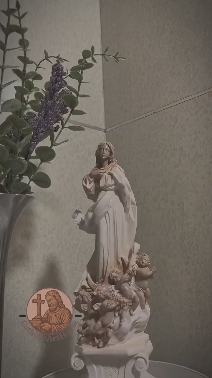 Handcrafted Virgin Mary Statue: Immaculate Conception, Gold Accents, Copper Crown