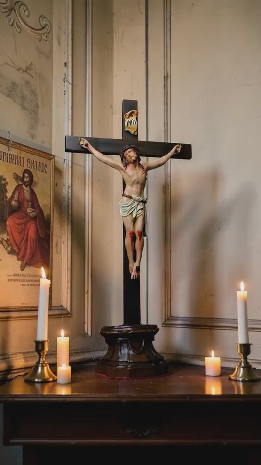 Handcrafted Jesus Crucifix Statue: Vintage Chalk-Style Finish, Dual Display Catholic Altar Decor