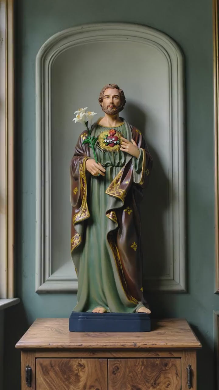 Saint Joseph 40cm Green Catholic Statue with Hand Painted Floral Patterns