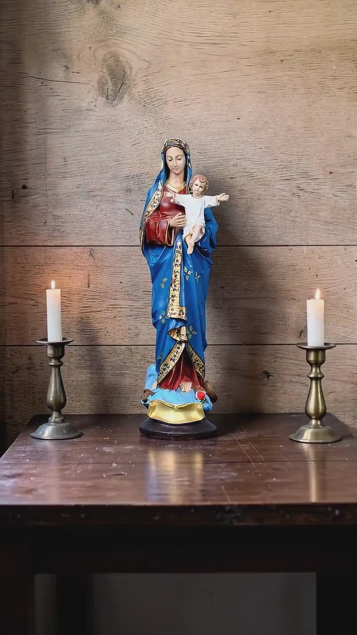 Virgin Mary with Child Jesus Statue Floral Catholic Home Altar Decor