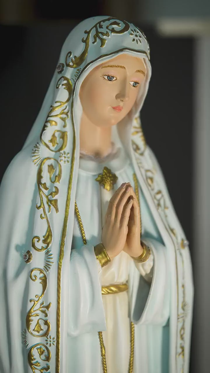 Handcrafted Our Lady of Fatima Statue: Blue Antique Finish, Gemstone Halo