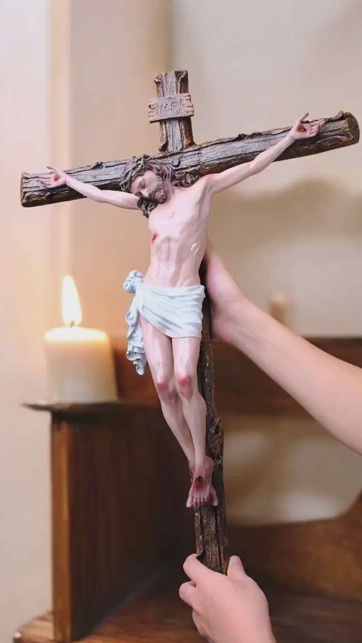 Hand-Painted Jesus Crucifix Statue: Stone Resin Antique Finish INRI Cross