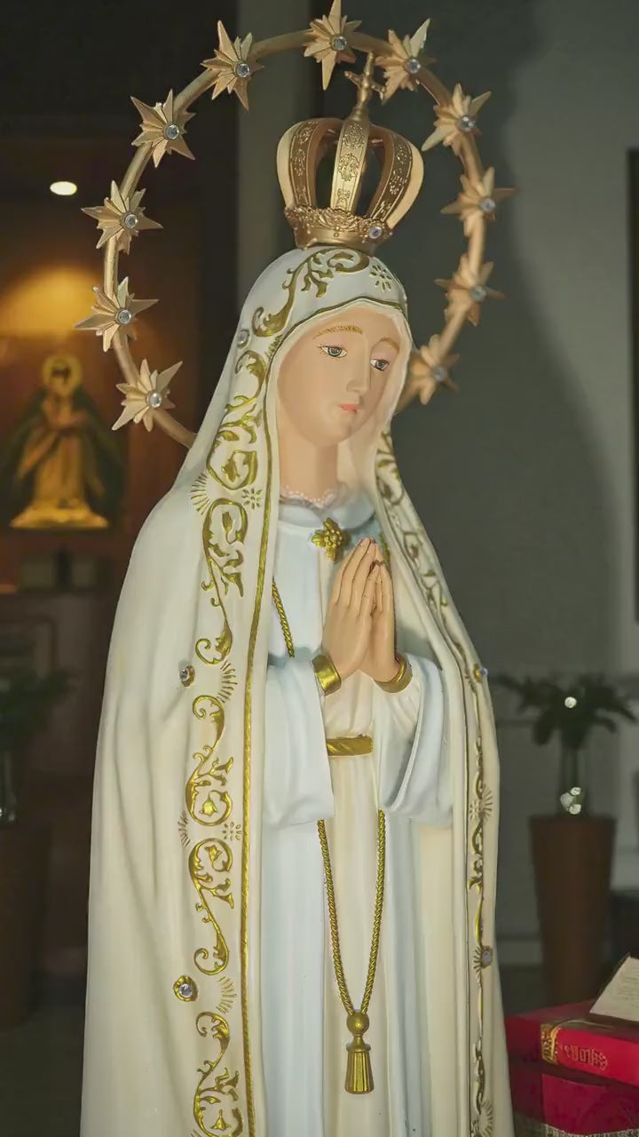 Handmade Our Lady of Fatima Statue: Catholic Home Altar Decor, Crown & Halo Included