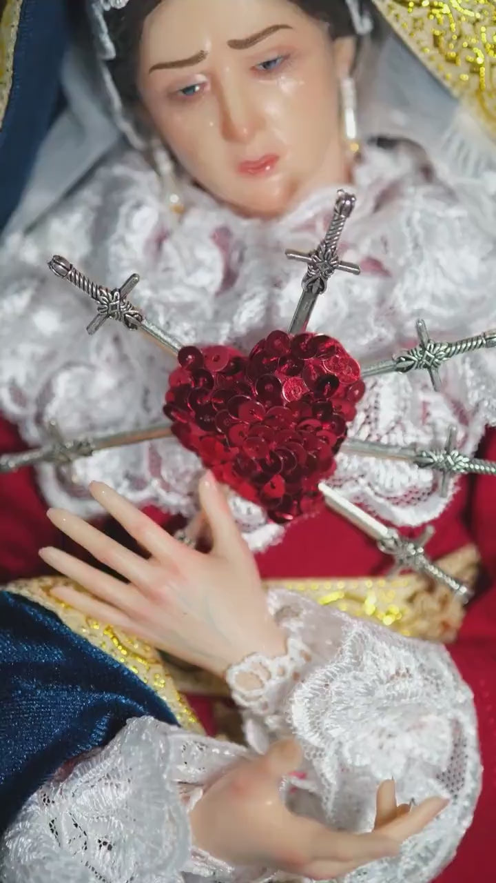 Handcrafted Our Lady of Sorrows Statue: Dressed Catholic Virgin Mary, 35cm 45 cm