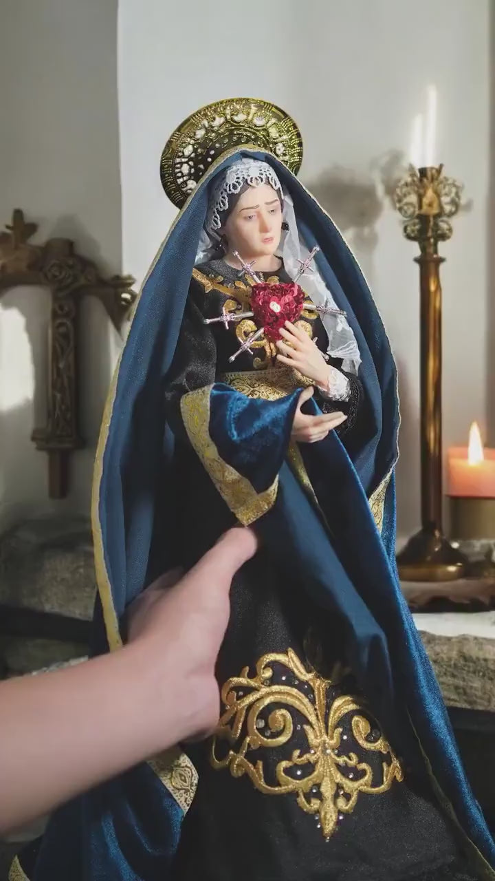 Handcrafted Our Lady of Sorrows Statue: Dressed Catholic Virgin Mary, 35cm 45 cm