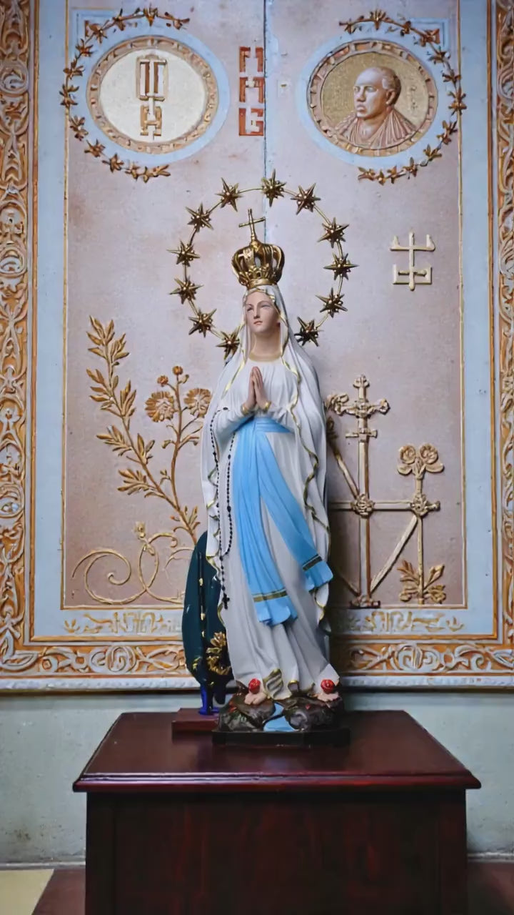 Our Lady of Lourdes Statue 30cm Catholic Home Altar Decor (Stone Powder, Metal Halo)