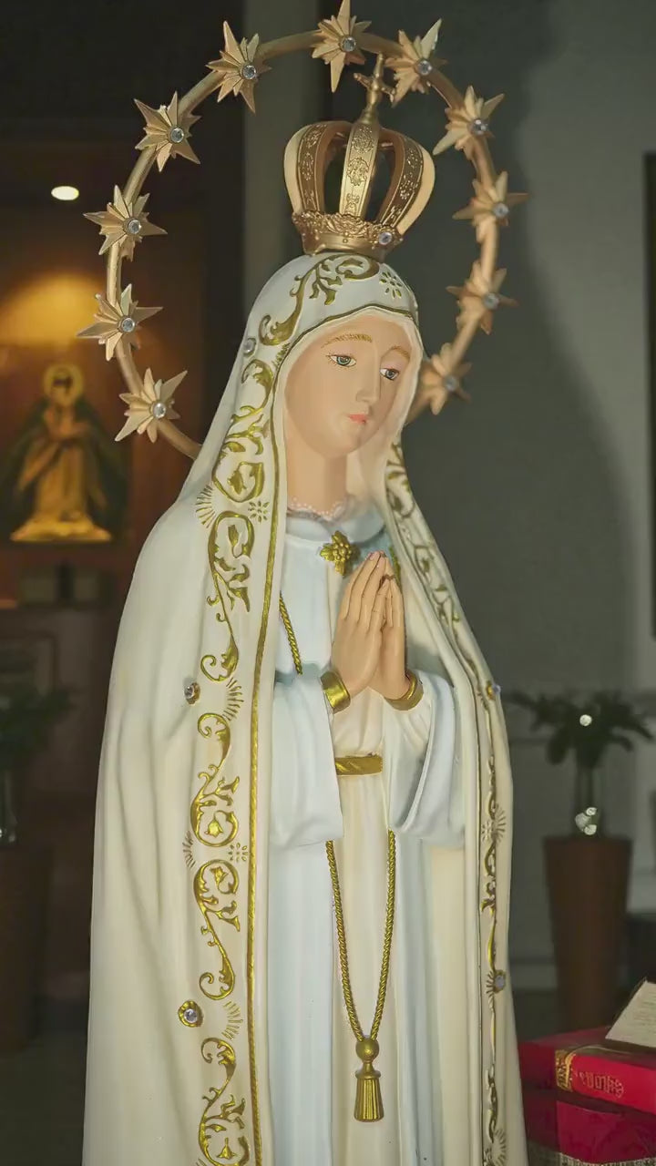 Handcrafted Our Lady of Fatima Statue: Blue Antique Finish, Gemstone Halo