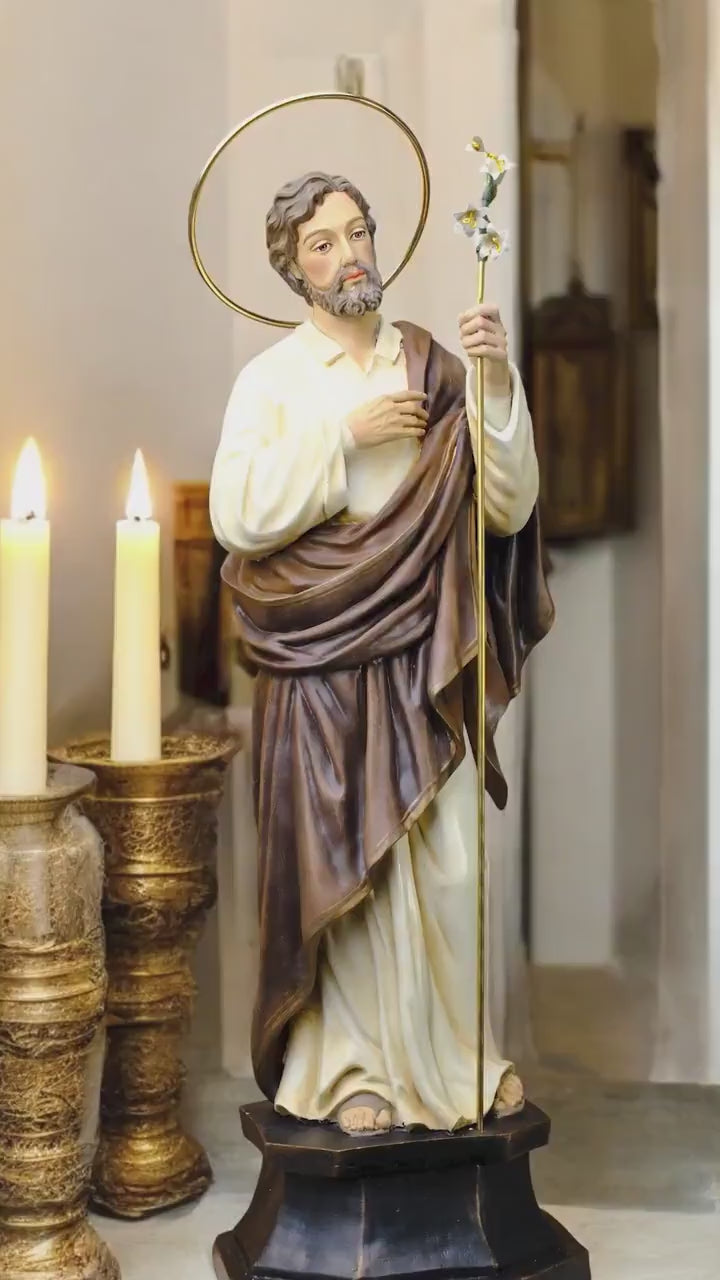 Hand-Painted St. Joseph Statue with Lily, Catholic Religious Home Decor, Stone Resin Altar Figure