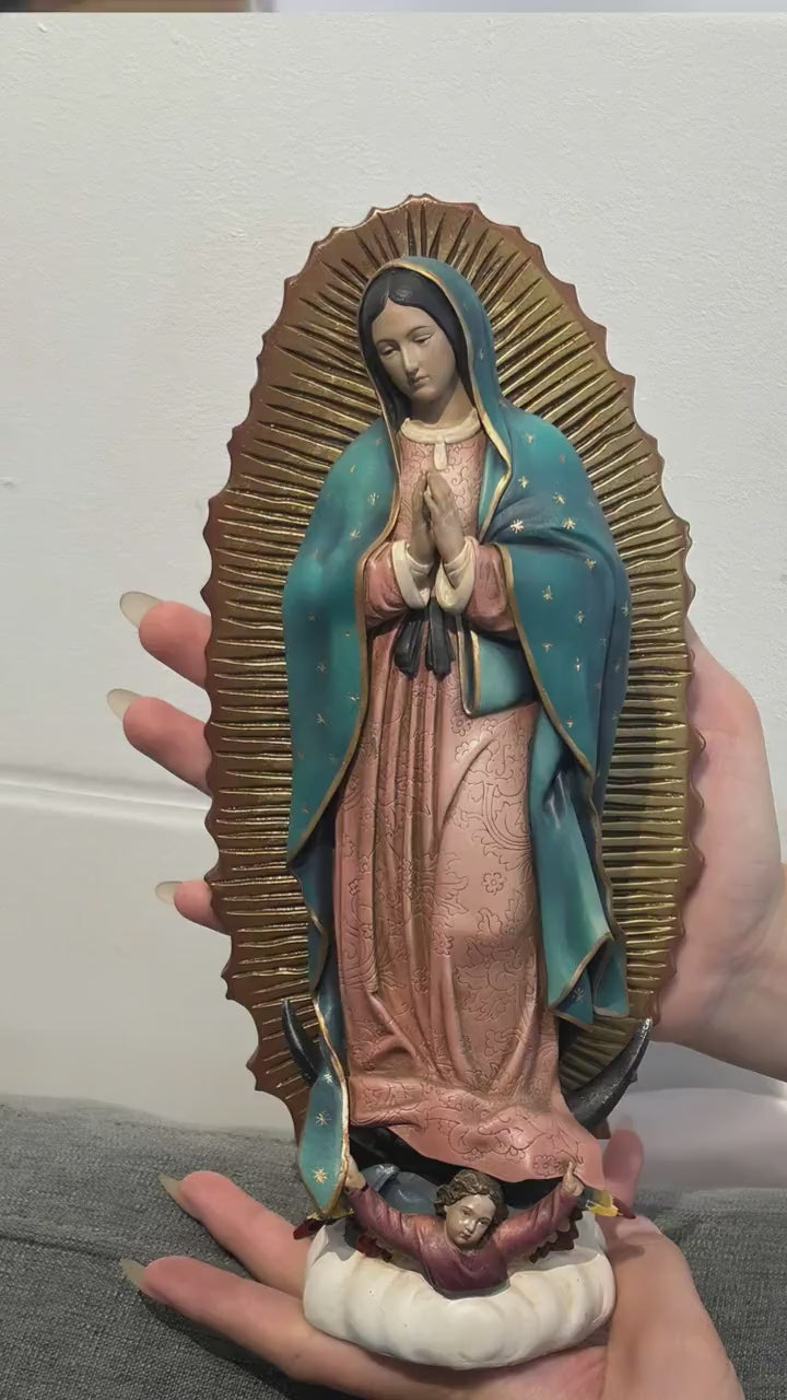 Hand-Painted Our Lady of Guadalupe Statue, Antique Finish Catholic Figurine, Stone Resin Altar Decor