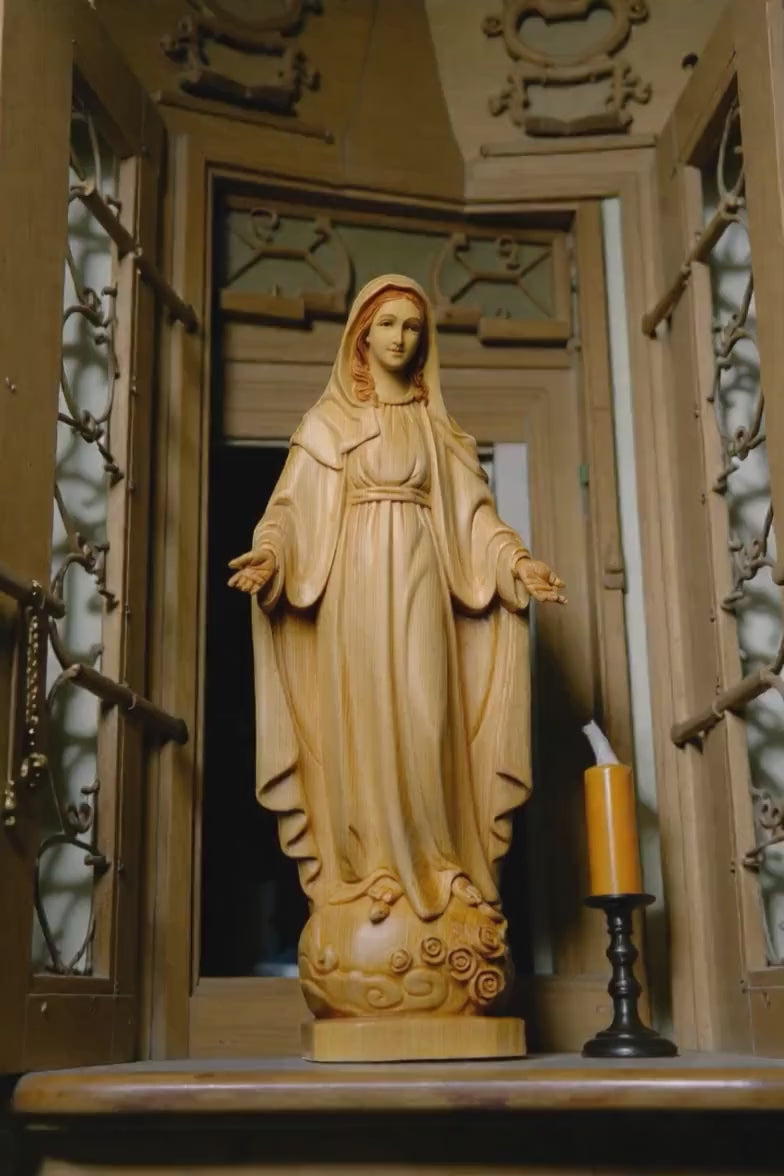 Hand Carved Wooden Our Lady of Grace Statue, Catholic Home Altar Decor (40cm/15.7in)